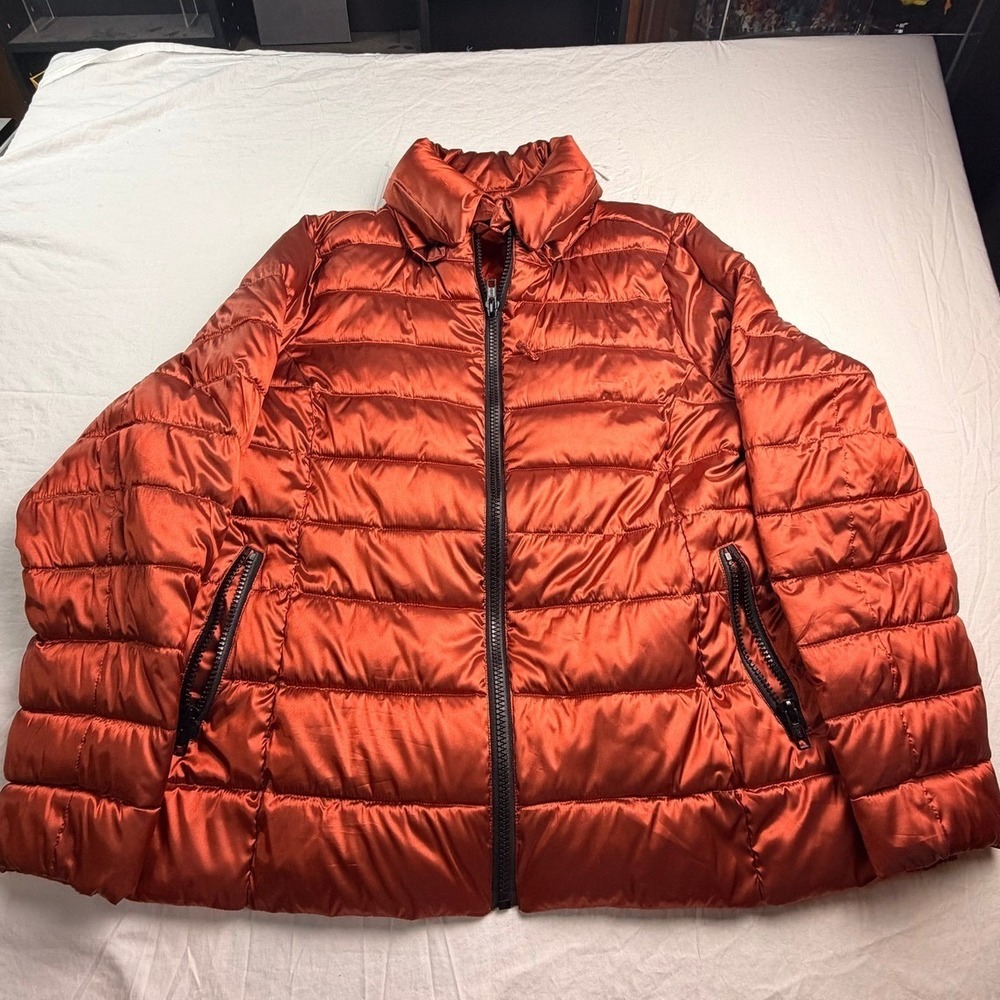 a.n.a A New Approach Packable Puffer Jacket Burnt Orange Satin 3X Plus Size A-1